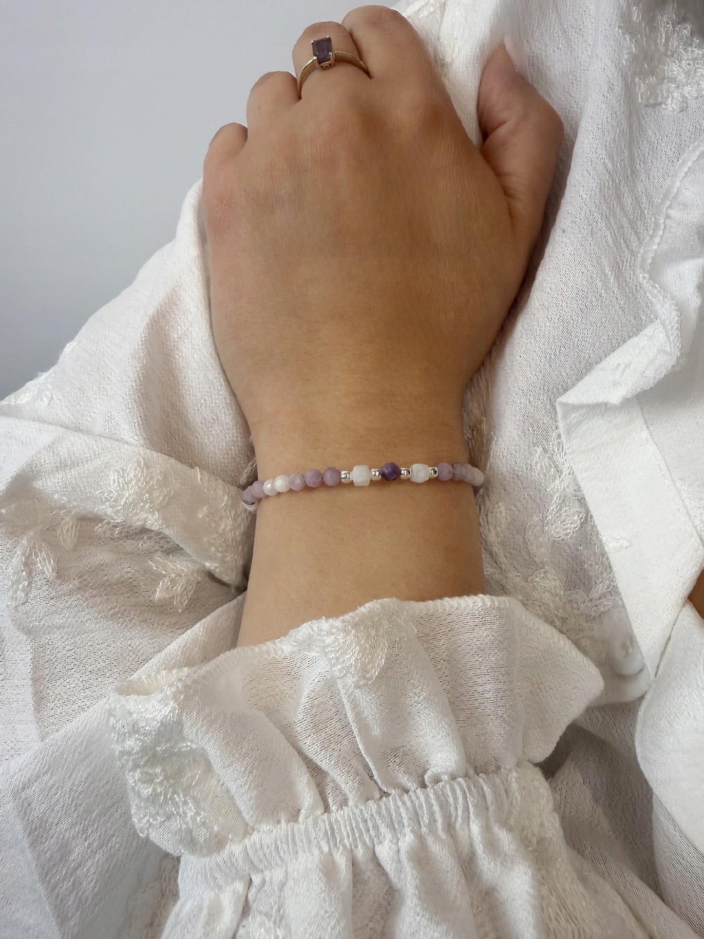 Bransoletka Srebrna z Ametystem Kamieniem Księżycowym Naturalna SREBRO 925
