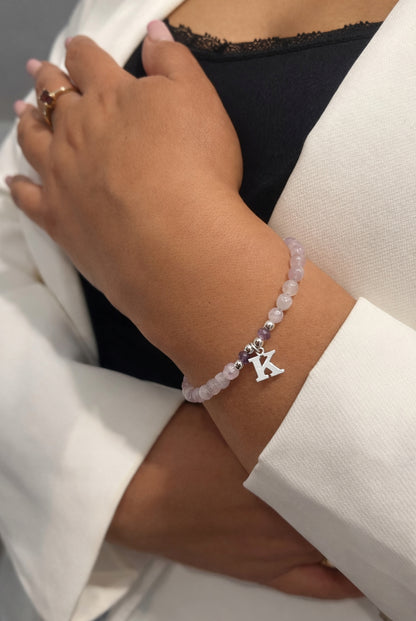 Bransoletka Srebrna Personalizowana z Literami Koraliki Ametyst SREBRO 925