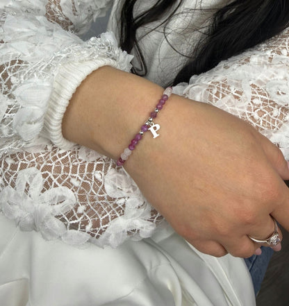 Bransoletka Turmalin i Kwarc Damska Personalizowana z Literką SREBRO 925